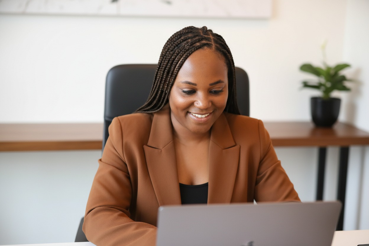 Wakeitha Cunningham preparing for a virtual consultation at her laptop