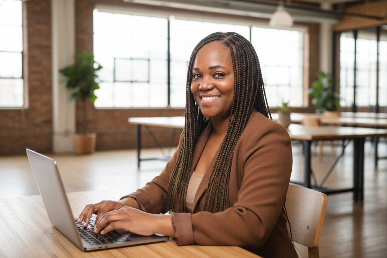 Wakeitha Cunningham, your virtual assistant, working at her laptop